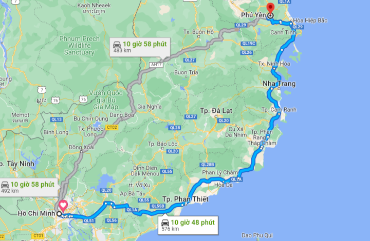 Khoảng cách từ Sài Gòn đến Phú Yên bao nhiêu km