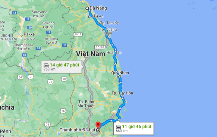 Khoảng cách từ Đà Nẵng đến Đà Lạt bao nhiêu km?