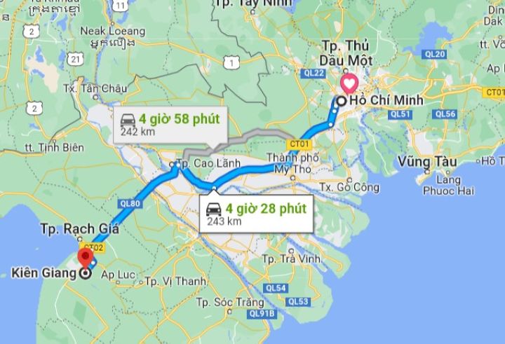 Khoảng cách từu Sài Gòn đến Kiên Giang bao nhiêu km?