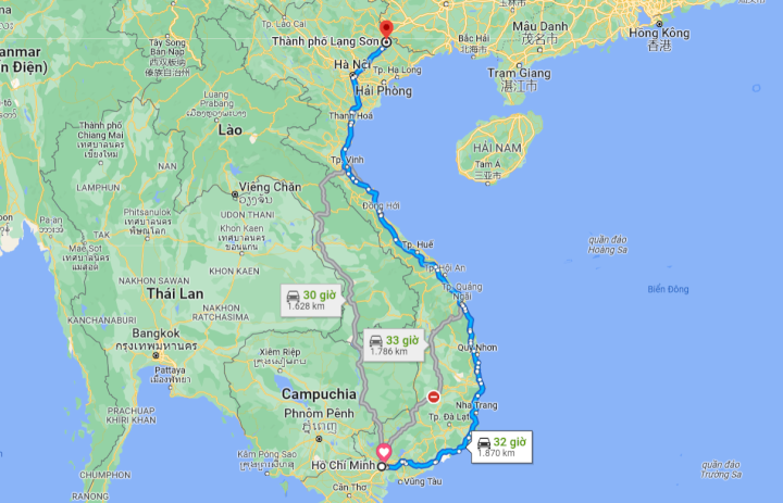 Khoảng cách từ Sài Gòn đến Lạng Sơn bao nhiêu km?